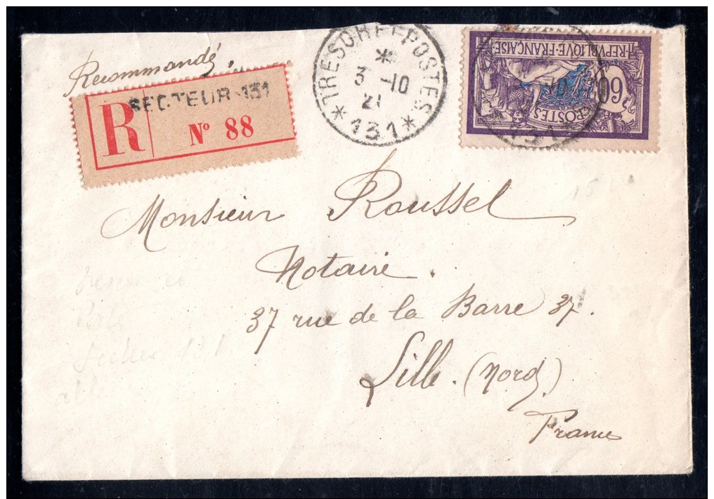 Lettre Recommandé Tresor Et Poste Secteur 131 Sur Type Merson 1921 (2 Scan) - Cachets Militaires A Partir De 1900 (hors Guerres)