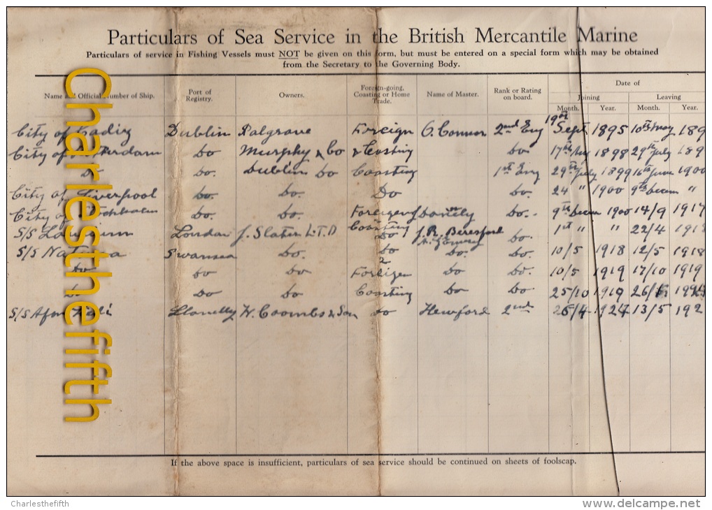 APPLICATION FORM FOR MARINE PENSION CHARLES NELSON (Swansea) - Born 1864 Sweden - List Ships - Historical Documents