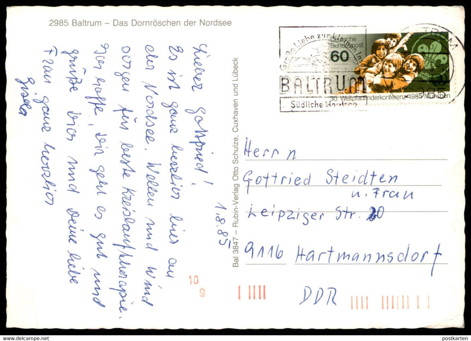 POSTKARTE BALTRUM MIT BRIEFMARKE PFADFINDER-WELTKONFERENZ 1985 Boy Scouts Scout Fähre Ferry Glocke Cloche Cpa Postcard - Pfadfinder-Bewegung