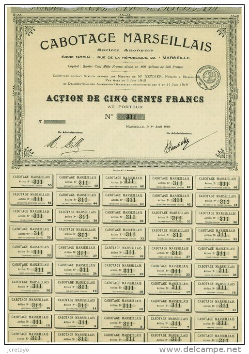 Cabotage Marseillais, Action De 500 Francs, Petit Tirage De Seulement 800, 1919 - Transports