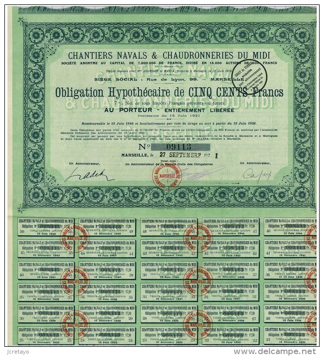 Marseille: Chantiers Navals Et Chaudronneries Du Midi, Obligation De 500 Francs De 1921 - Navigation