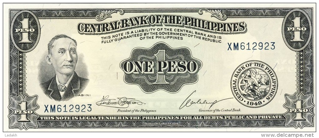 BILLET # PHILIPPINES # 1949 # UN PESO # PICK133 # NEUF # TYPE MABINI # - Filipinas
