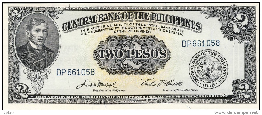 BILLET # PHILIPPINES # 1949 # DEUX PESOS # PICK134 # NEUF # TYPE JOSE RISAL # - Filipinas
