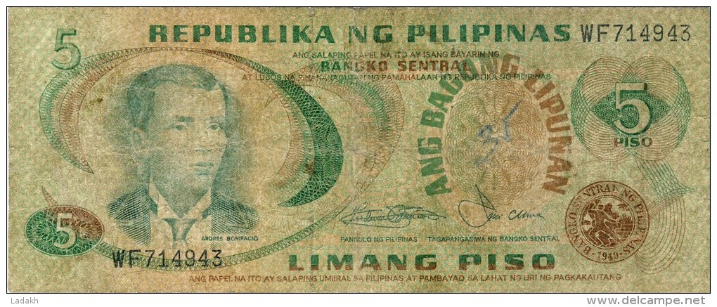 BILLET # PHILIPPINES # 1967 # CINQ PISOS # PICK143 # USAGE # TYPE BONIFACIOL # - Filipinas