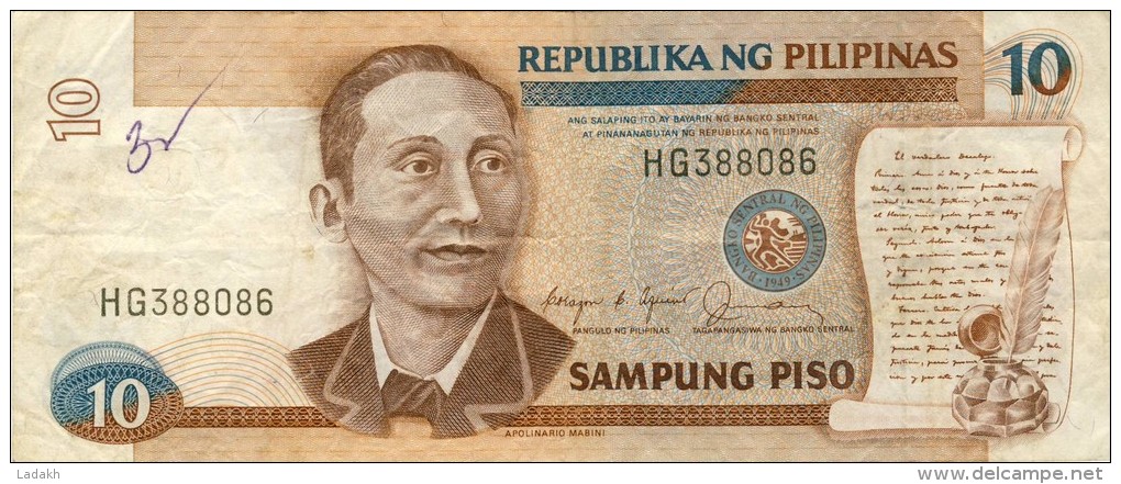 BILLET # PHILIPPINES # 1967 # DIX PISOS # PICK144 # CIRCULE # TYPE MABINI # - Filipinas