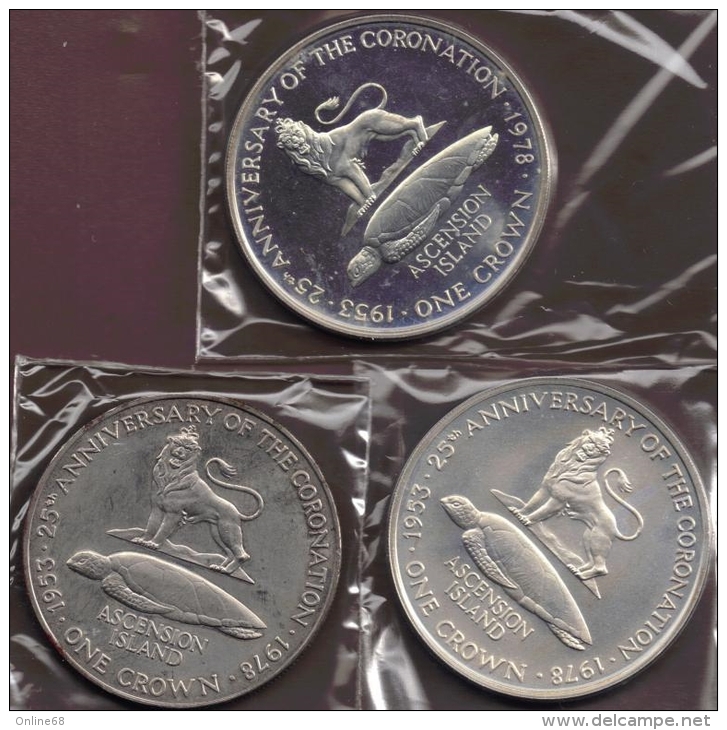 Ascension Island  LOT  3 X 25 Pence 1978 Coronation Jubilee Tortue  ARGENT SILVER / NICKEL - Ascensione