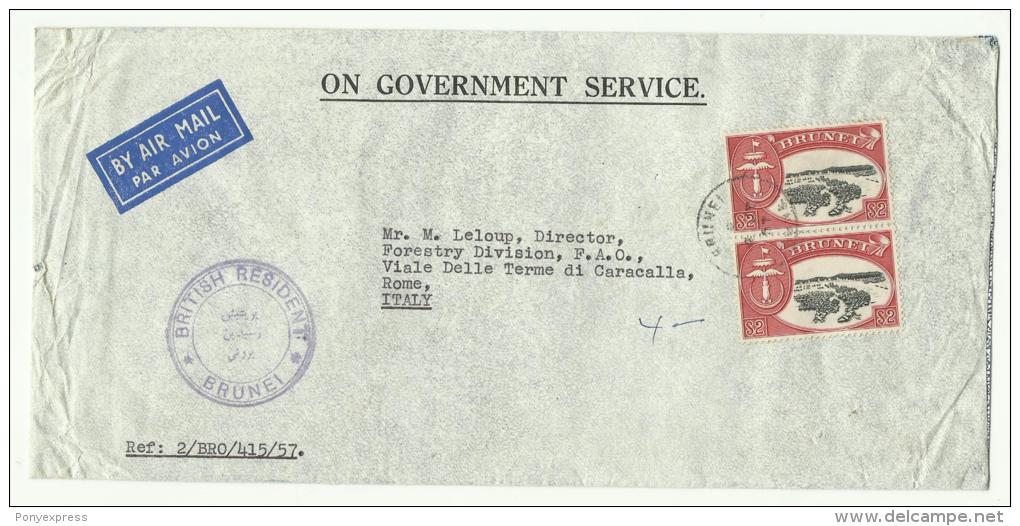 1957 Lettre De Brunei, On Government Service Pour La FAO à Rome, Cachet British Resident (consulat) - Brunei (1984-...)