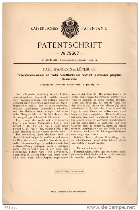 Original Patentschrift - Paul Wangerin In Lüneburg , 1894 , Futter - Schneidmaschine , Landwirtschaft , Agrar, Bauer !!! - Maschinen