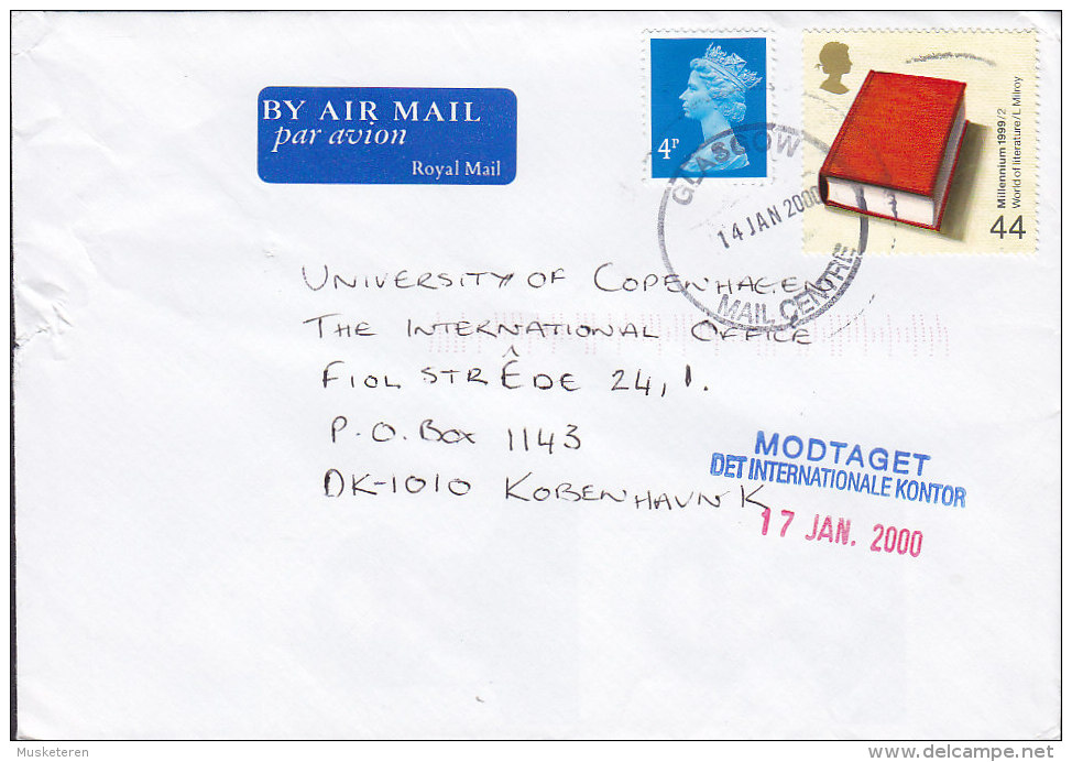 Great Britain By Airmail Par Avion Royal Mail Label Deluxe GLASGOW 2000 Cover To Denmark Book Buch - Storia Postale