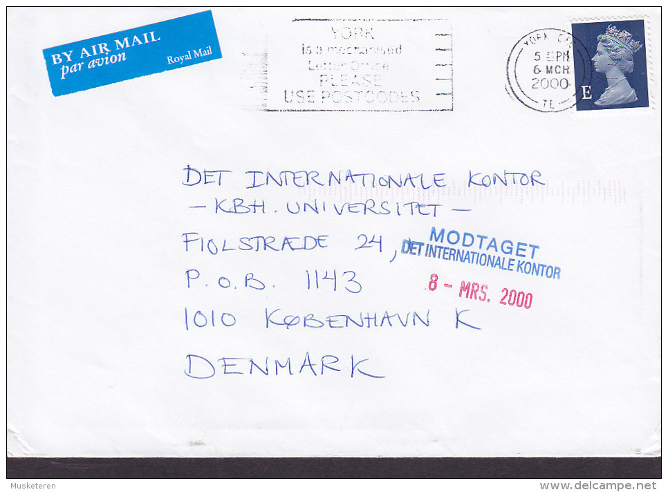 Great Britain By Airmail Par Avion Royal Mail Label YORK Slogan 2000 Cover To Denmark QEII "E" W. Security Perf. - Storia Postale