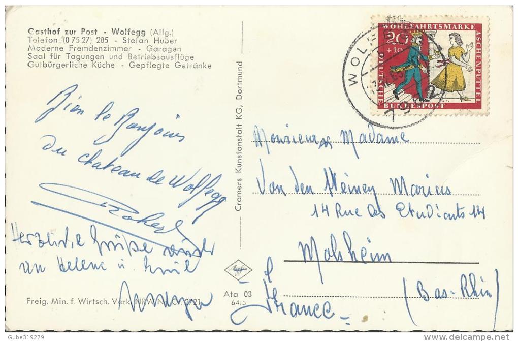 GERMANY  1965 – VINTAGE POSTCARD – WOLFEGG  : “GASTHOF ZU POST – STEFAN HUBER” –SHINING - ADDR TO FRANCE   W 1 ST OF 20+ - Wolfach