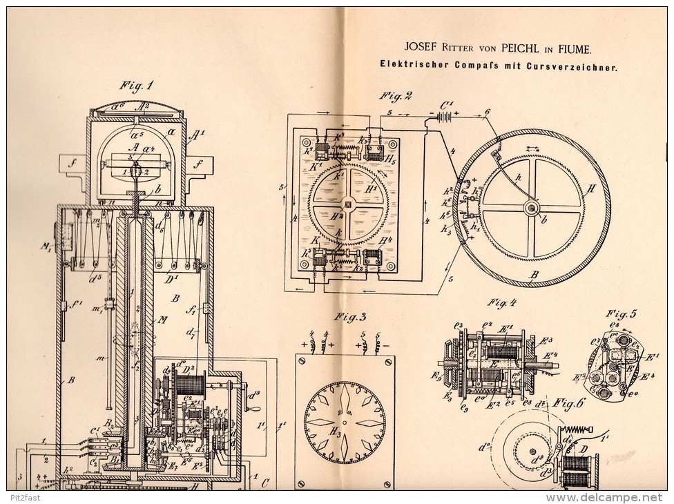 Original Patentschrift - Josef Ritter Von Peichl In Fiume / Rijeka ,1890,elektr. Kompass Mit Kursverzeichner Für Schiffe - Technik & Instrumente