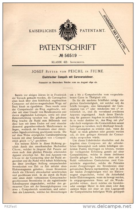 Original Patentschrift - Josef Ritter Von Peichl In Fiume / Rijeka ,1890,elektr. Kompass Mit Kursverzeichner Für Schiffe - Techniek & Instrumenten