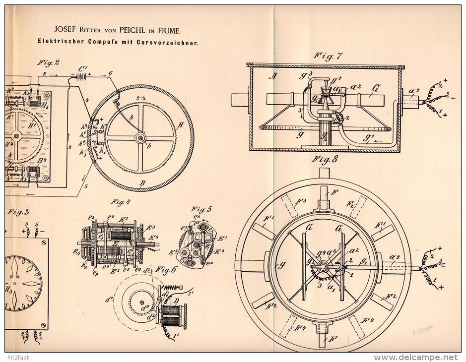 Original Patentschrift - Josef Ritter Von Peichl In Fiume / Rijeka ,1890,elektr. Kompass Mit Kursverzeichner Für Schiffe - Techniek & Instrumenten