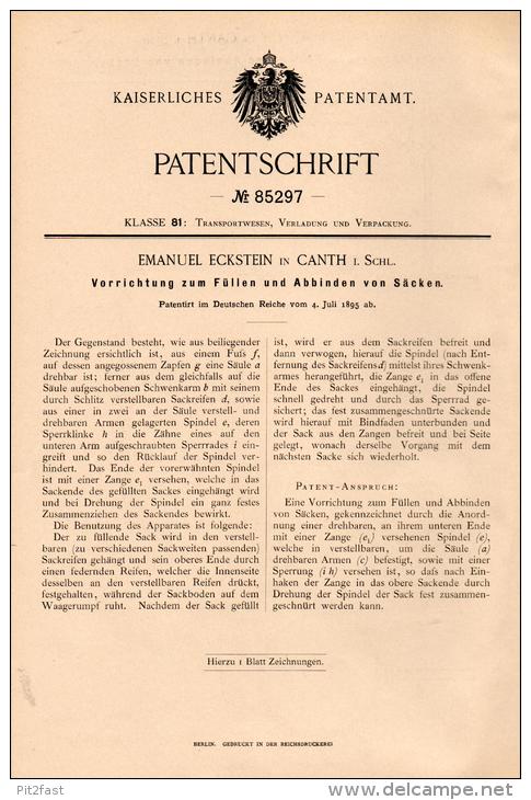 Original Patentschrift -E. Eckstein In Canth / Katy Wroclawskie I. Schlesien ,1895, Apparat Für Säcke , Sack , - Historische Dokumente