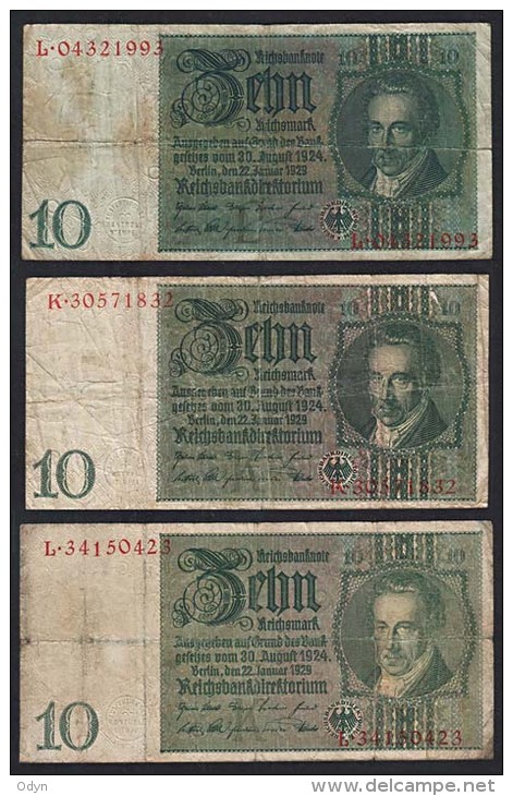 Germany; P-180a/1 And P-180a/2 (R-173a And R-173b); 10 Reichsmark From 1929; Set Of 3 Notes - See All Scans - 10 Mark