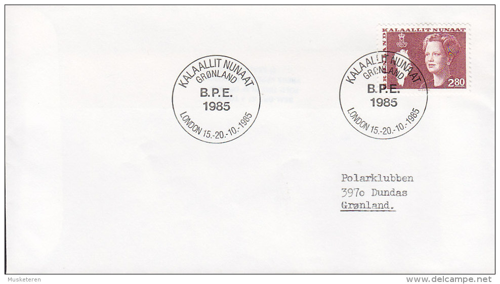 Greenland Sonderstempel Stamp Exhibition B.P.E., LONDON 1985 Cover Brief Königin Margrethe Stamp (Cz. Slania) - Brieven En Documenten