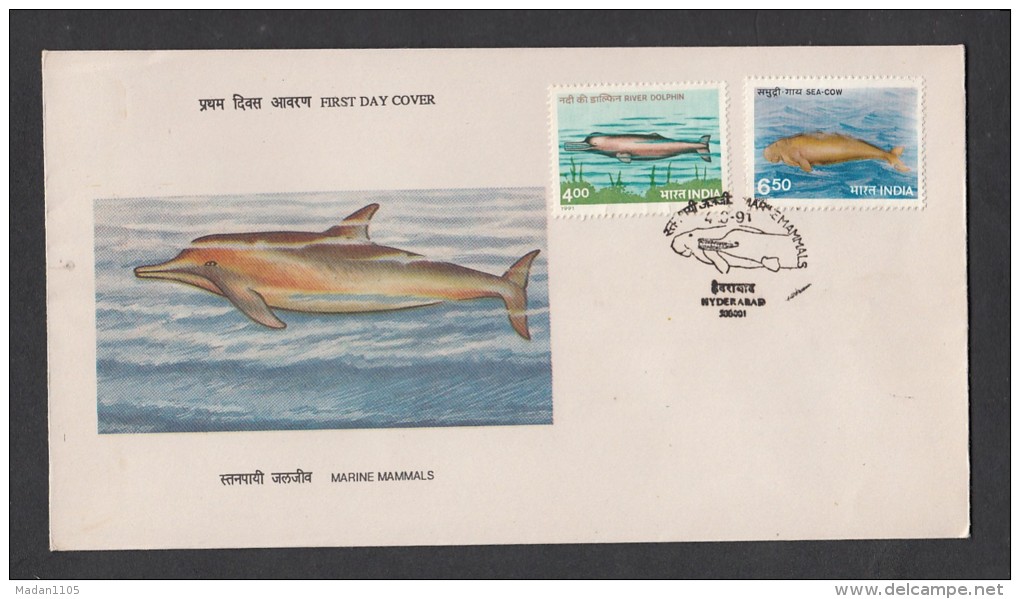 INDIA, 1991,  FDC,  Fauna, Endangered Marine Mammals,  Hyderabad  Cancellation - FDC