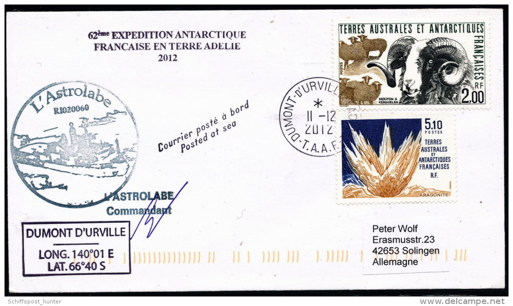 ANTARCTIC, TAAF, 11.12.2012, D.d´URVILLE, Cachet + Signatur Commandant !! - Antarktis-Expeditionen