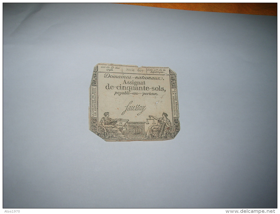 ANCIEN ASSIGNAT DE 50 SOLS DOMAINES NATIONAUX ANNEE 1793. / PAYABLE AU PORTEUR. / SERIE 607 / SIGNE FAUSSAY. - Assignate