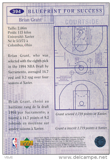 Basket NBA (1994), BRIAN GRANT, SACRAMENTO KINGS, Collector´s Choice (n° 394), Upper Deck, Trading Cards... - 1990-1999