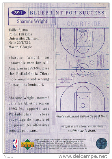 Basket NBA (1994), SHARONE WRIGHT, PHILADELPHIA 76 ERS, Collector´s Choice (n° 391), Upper Deck, Trading Cards... - 1990-1999