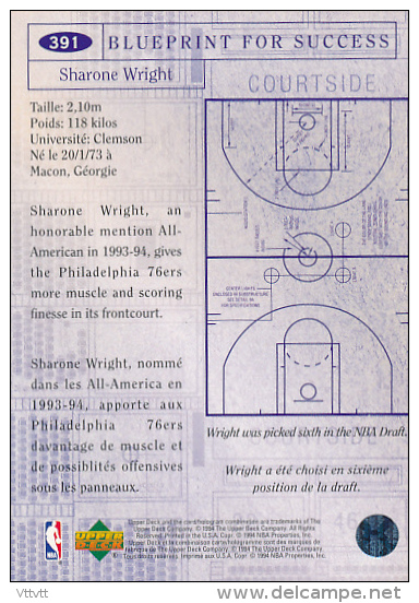 Basket NBA (1994), SHARONE WRIGHT, PHILADELPHIA 76 ERS, Collector´s Choice (n° 391), Upper Deck, Trading Cards... - 1990-1999