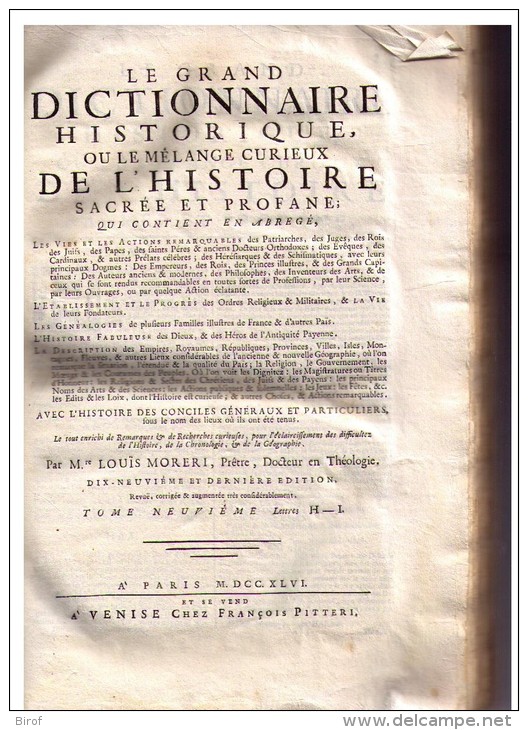 LIBRO  - DIZIONARIO - FRANCESCE - LE GRAND DICTIONNAIRE HISTORIQUE OU LE ME´LAMGE CUTIEUX DE L´HISTOIRE 1746 - Dizionari