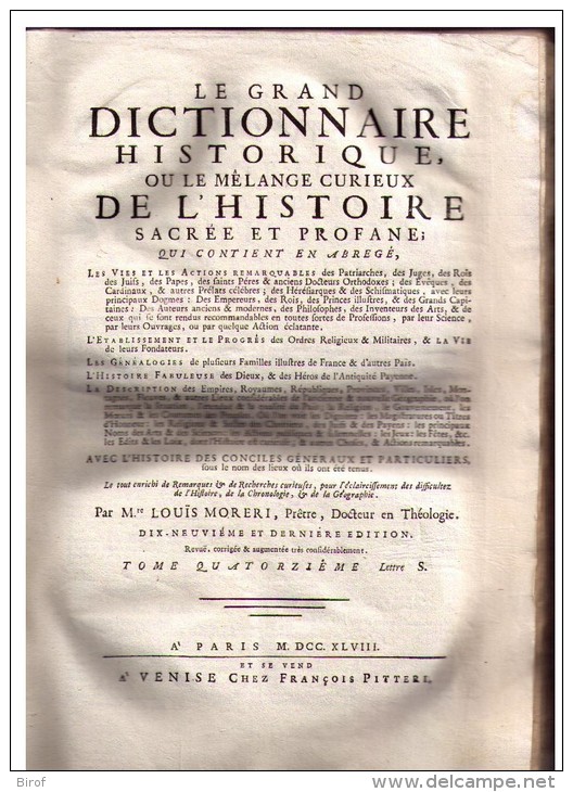 LIBRO  - DIZIONARIO - FRANCESCE - LE GRAND DICTIONNAIRE HISTORIQUE OU LE ME´LAMGE CUTIEUX DE L´HISTOIRE 1748 - Diccionarios