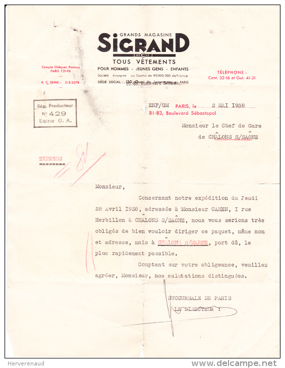 Paix N°281x2, 283x2 Et 365x2 + Semeuse 278B Sur Exprès Des Ets Sigrand à Paris, Pour Chalon-sur-Saône - 1932-39 Paix