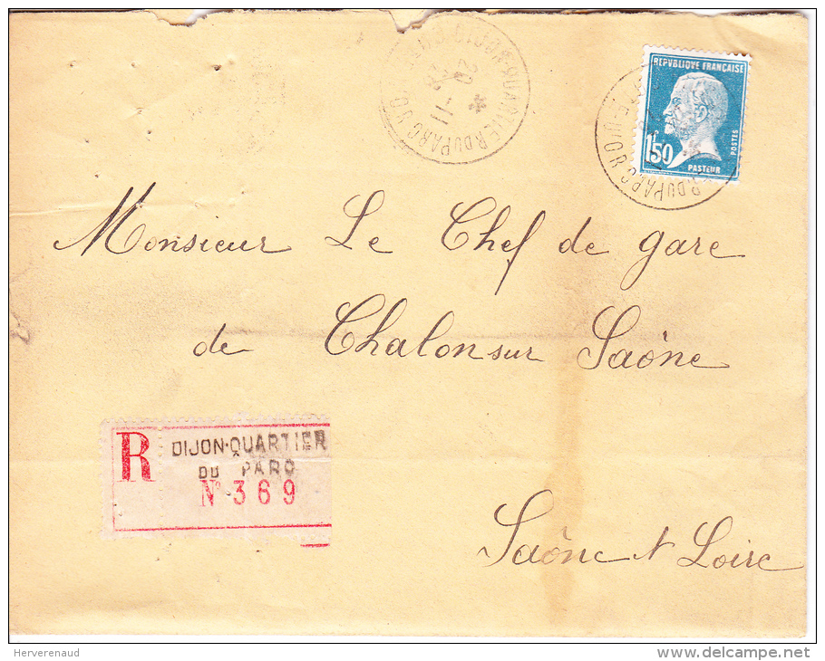 Pasteur N°181 Sur Lettre Recommandée De Dijon à Chalon-sur-Saône - 1922-26 Pasteur