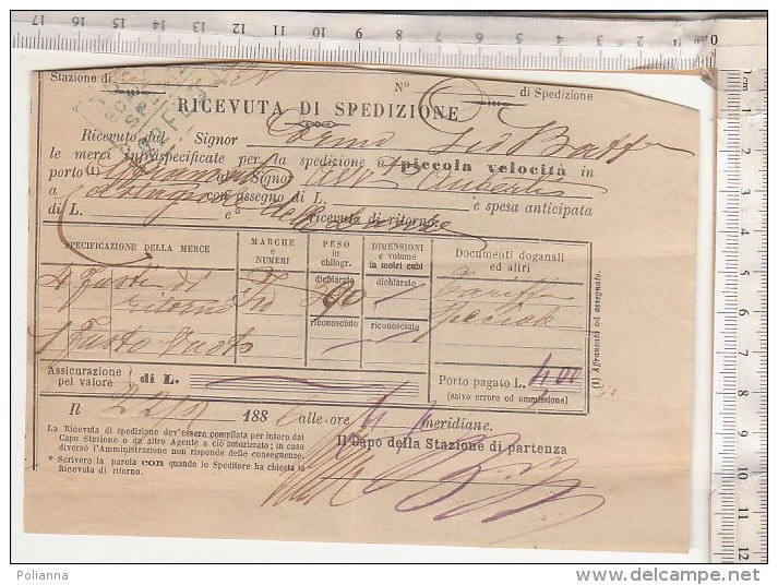 PO2719C# RICEVUTA DI SPEDIZIONE MERCE A PICCOLA VELOCITA' - FERROVIE - DESTINAZIONE CASTAGNOLE DELLE LANZE 1886 - Europa