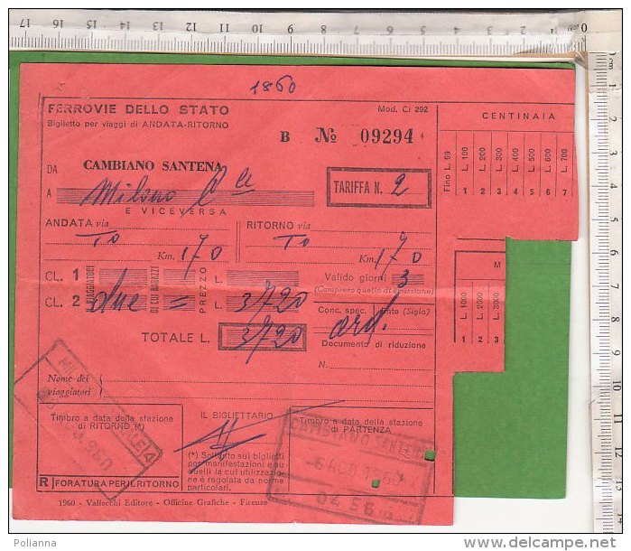 PO2739C# BIGLIETTO TRENO FERROVIE DELLO STATO - DA CAMBIANO SANTENA A MILANO 1960 - Europa