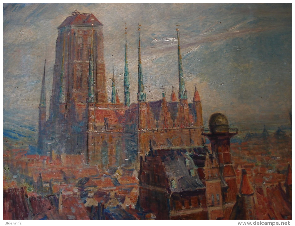 Theodor Urtnowski: Danzig-Ansicht Marienkirche, Sternwarte, Krantor - Original-Ölgemälde Auf Leinwand - Oelbilder