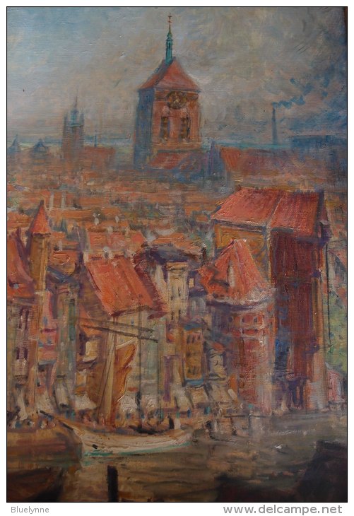 Theodor Urtnowski: Danzig-Ansicht Marienkirche, Sternwarte, Krantor - Original-Ölgemälde Auf Leinwand - Oelbilder