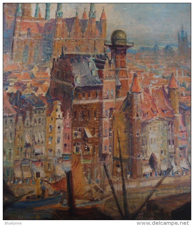 Theodor Urtnowski: Danzig-Ansicht Marienkirche, Sternwarte, Krantor - Original-Ölgemälde Auf Leinwand - Olii