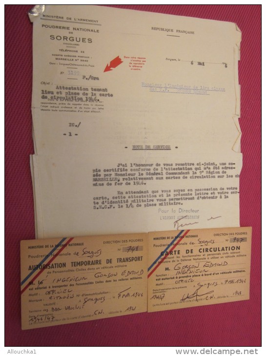 1946 RARE MILITARIA Documents Militaire Original Poudrerie Nationale SORGUES +cartes Autorisation/Circulation Réduc SNCF - Dokumente