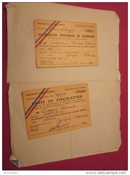 1946 RARE MILITARIA Documents Militaire Original Poudrerie Nationale SORGUES +cartes Autorisation/Circulation Réduc SNCF - Documenti