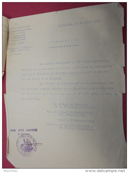 1946 RARE MILITARIA Documents Militaire Original Poudrerie Nationale SORGUES +cartes Autorisation/Circulation Réduc SNCF - Documenti