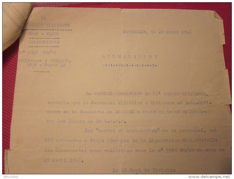 1946 RARE MILITARIA Documents militaire original Poudrerie nationale SORGUES +cartes Autorisation/Circulation réduc SNCF