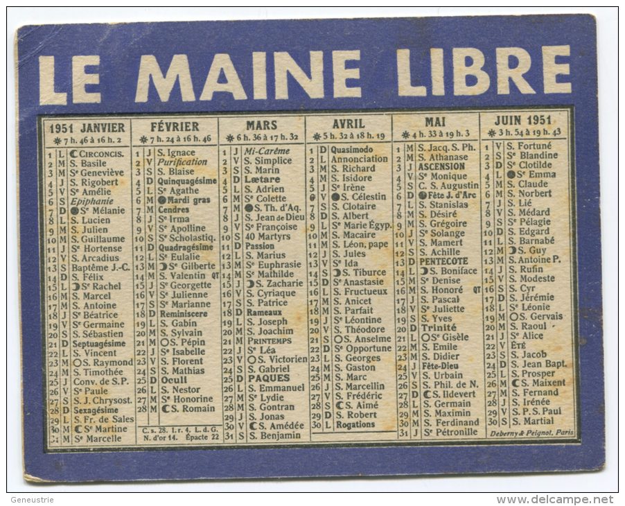 Petit Calendrier Publicitaire Ancien 1951 Journal "Le Maine Libre" - Petit Format : 1941-60