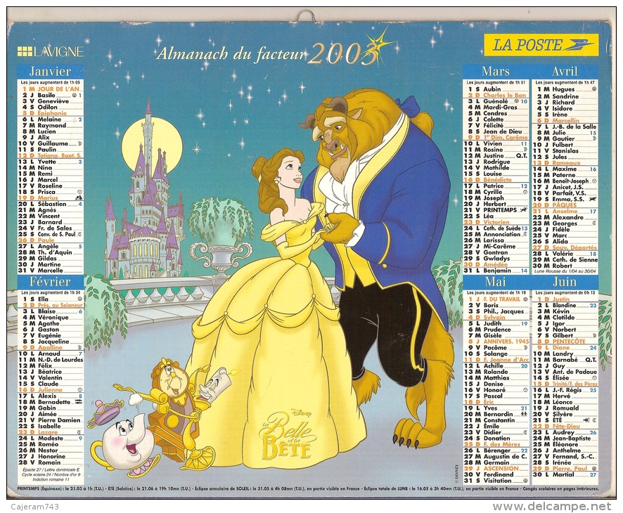 Almanach Du Facteur. LA POSTE. Calendrier LAVIGNE 2003. La Belle Et La Bête - Peter Pan. WALT DISNEY - Formato Grande : 2001-...