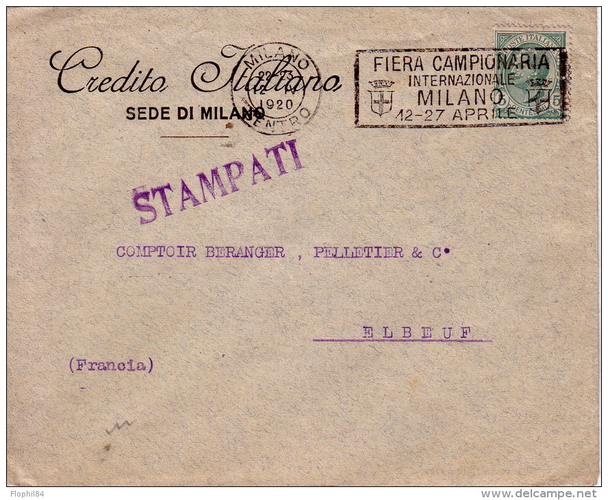 ITALIE - PERFORATION C.I. CREDITO ITALIANO SEDE DI MILANO - LE 12- 4-1920 LETTRE POUR LA FRANCE. - Poststempel
