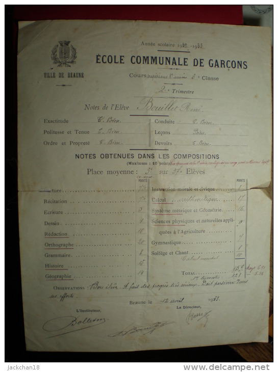 - BULLETIN DE NOTES  - ECOLE COMMUNALE DE GARCONS DE BEAUNE (Côte D'Or) - Diplomas Y Calificaciones Escolares
