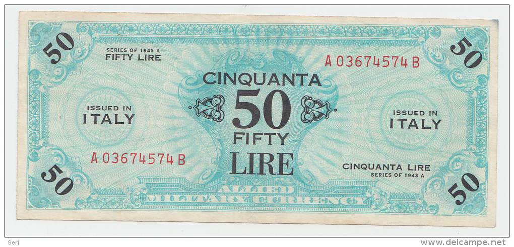 Italy 50 Lire 1943A VF+ CRISP Banknote P M20b  M20 B AMC - Occupation Alliés Seconde Guerre Mondiale
