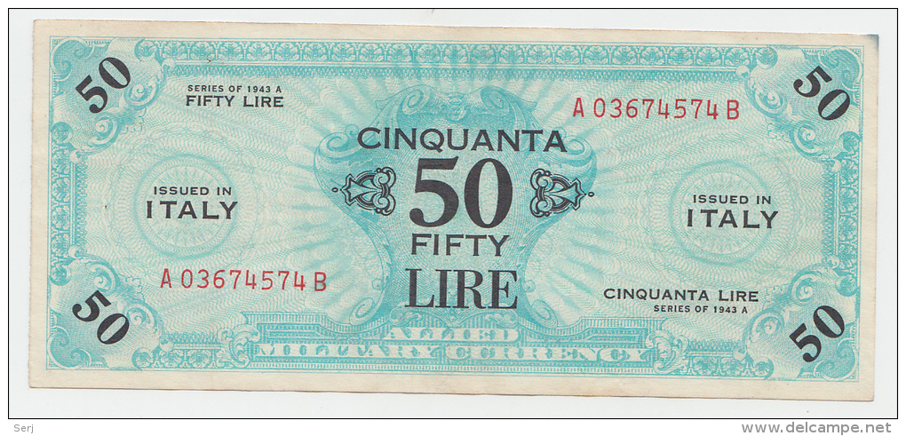 Italy 50 Lire 1943A VF+ CRISP Banknote P M20b  M20 B AMC - Occupazione Alleata Seconda Guerra Mondiale