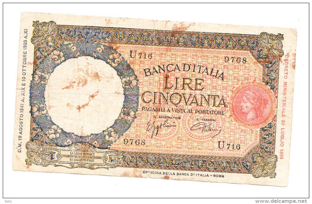 Italy 50 Lire 1938 "G-VG" RARE Banknote P 54b - 50 Liras