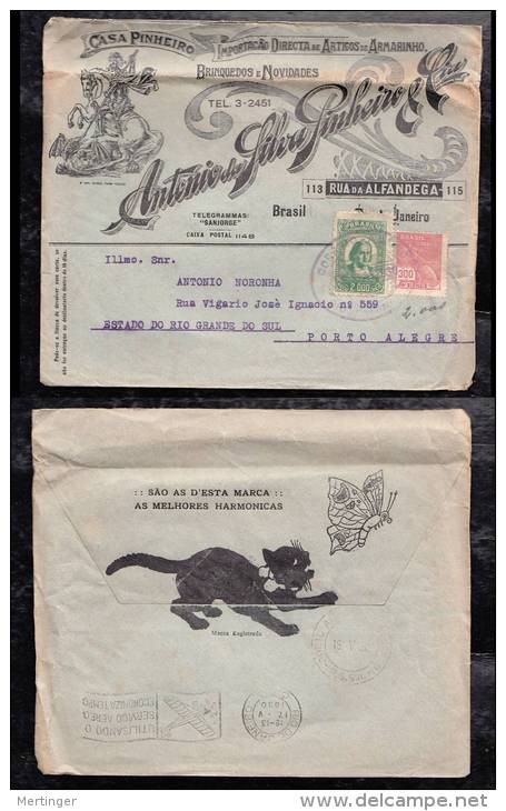 Brazil 1930 Advertising Airmail Cover Rio To Porto Alegre With Cat - Lettres & Documents