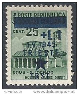1945 OCCUPAZIONE JUGOSLAVA TRIESTE 1 LIRA SU 25 VARIETà MH * - RR11897 - Occ. Yougoslave: Trieste