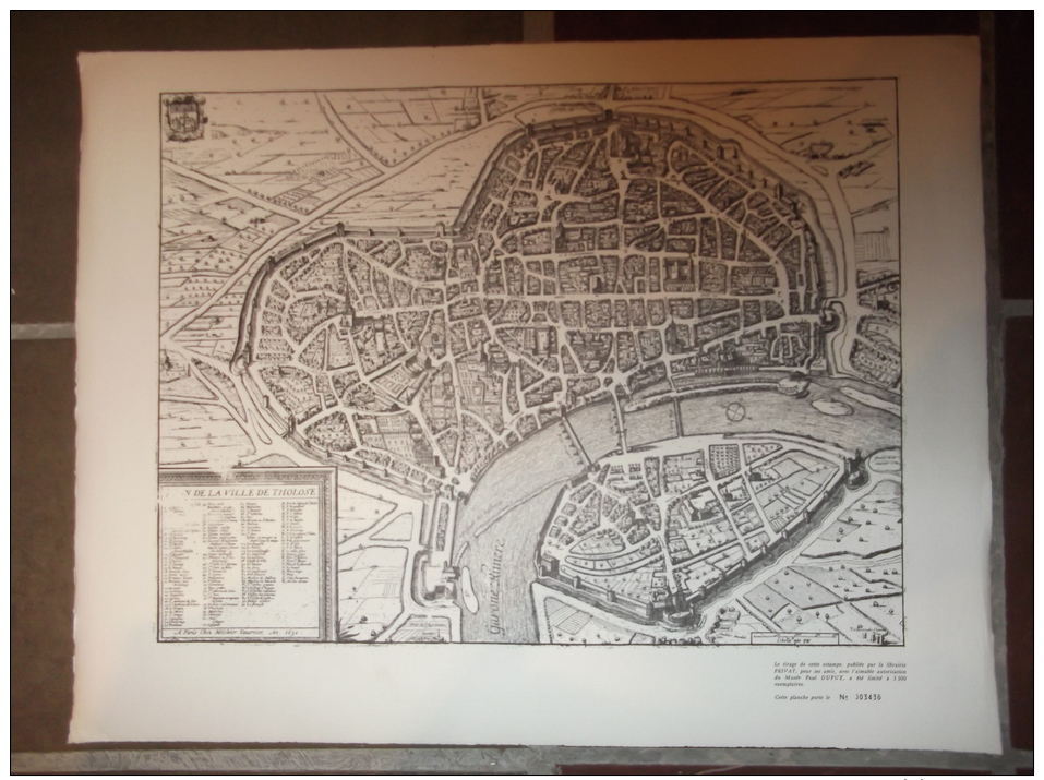 Estampe PLAN DE LA VILLE DE TOULOUSE (1631° Librairie PRIVAT - Format 500 X 650mm - Estampes & Gravures